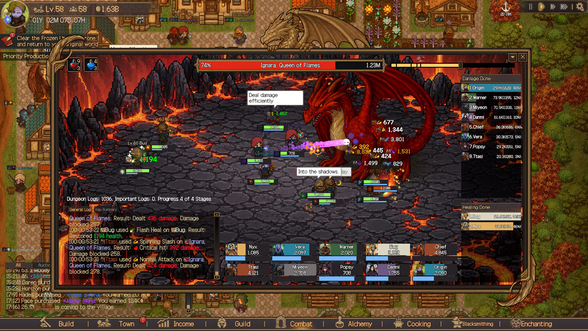 Creator Chronicles guild party fighting a dragon in a volcanic raid while the village management interface remains visible.